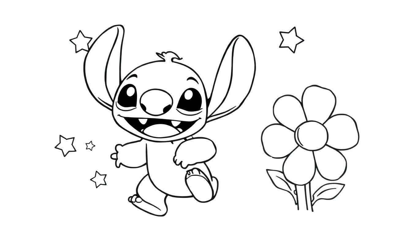 Placa de color de Stitch corriendo feliz con estrellas y una flor.