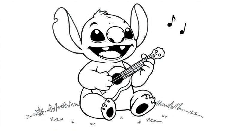 Stitch tocando el ukelele, listo para colorear en esta placa de color.