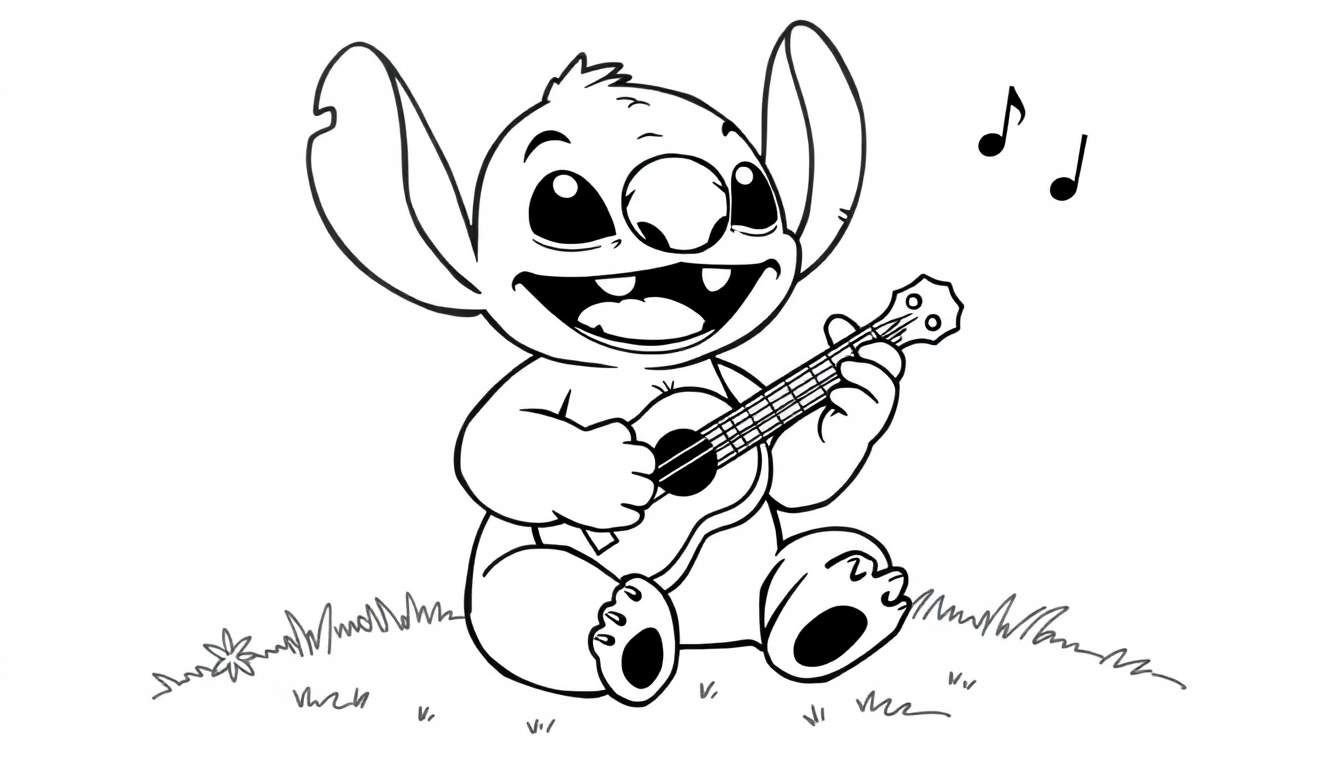 Stitch tocando el ukelele, listo para colorear en esta placa de color.