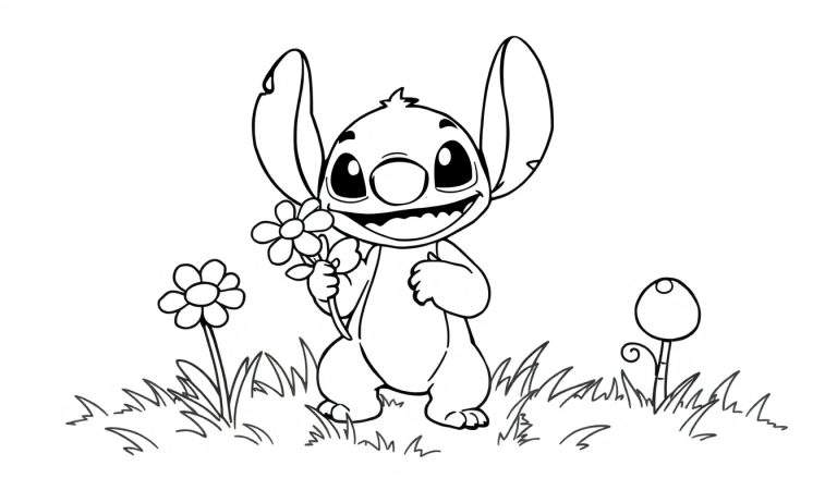 Placa de color de Stitch sonriendo con una flor.