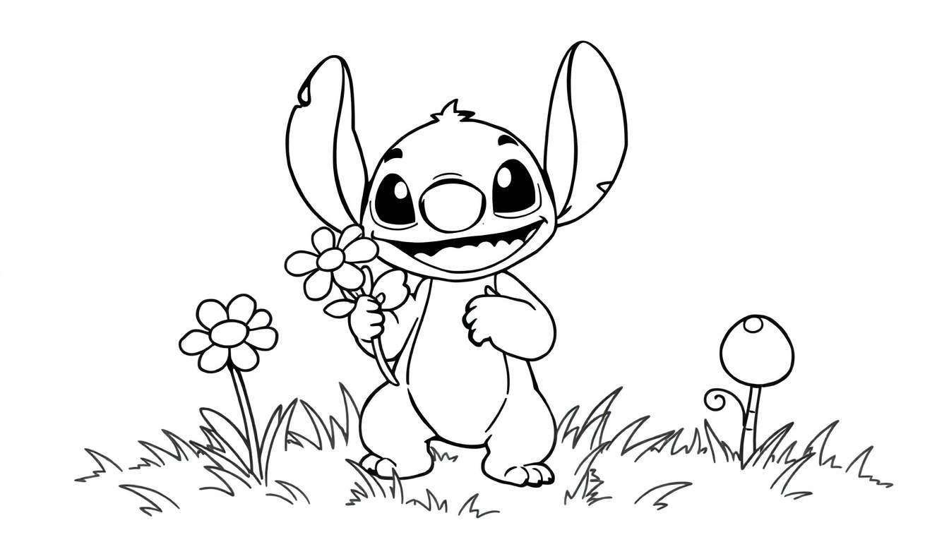Placa de color de Stitch sonriendo con una flor.