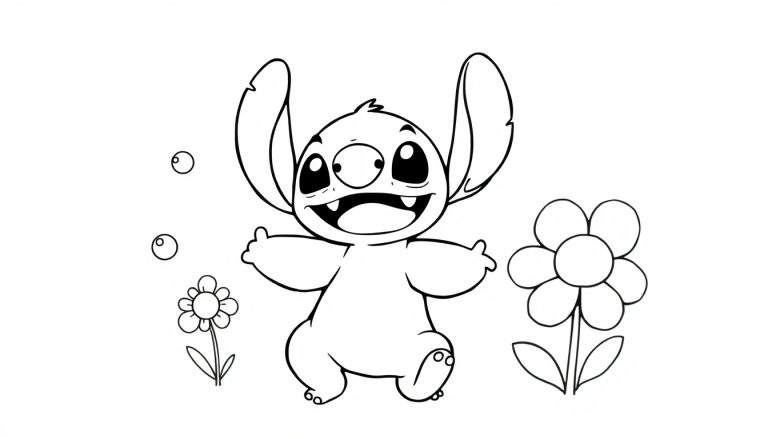 Página para colorear de Stitch, diseño lineal en blanco y negro, con la placa de color de Stitch de pie con los brazos abiertos y una gran sonrisa.