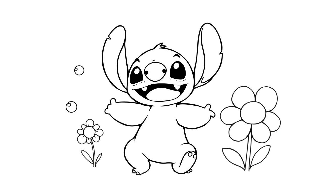 Página para colorear de Stitch, diseño lineal en blanco y negro, con la placa de color de Stitch de pie con los brazos abiertos y una gran sonrisa.