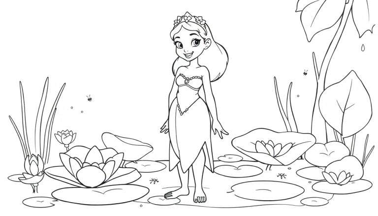 Dibujo para colorear de Tiana sonriendo en un estanque con nenúfares y luciérnagas, en blanco y negro, listo para añadir color con una placa de color.