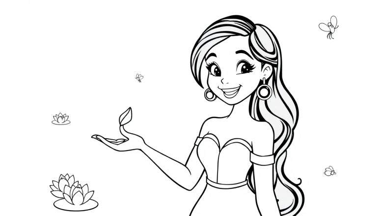 Placa de color de Tiana sonriendo con una planta.