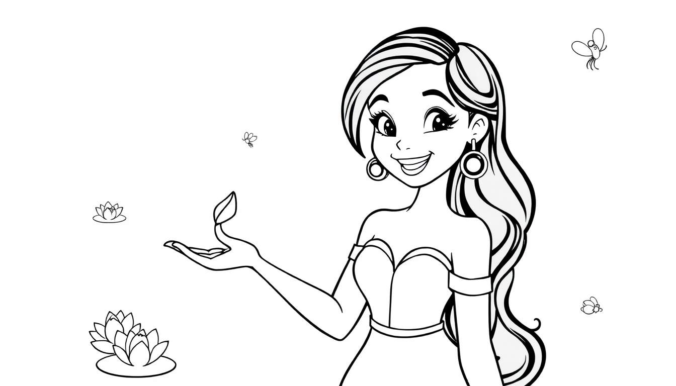 Placa de color de Tiana sonriendo con una planta.