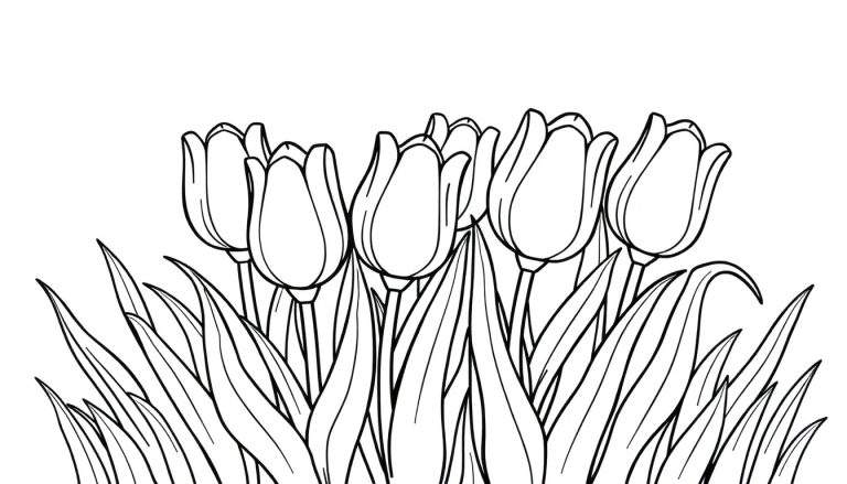 Placa de color de tulipanes sonrientes con hojas danzantes.