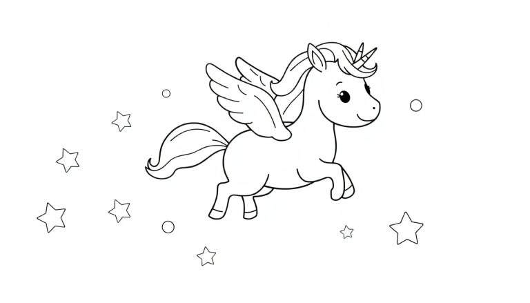 Placa de color de un unicornio alado caricaturesco volando entre estrellas y círculos.