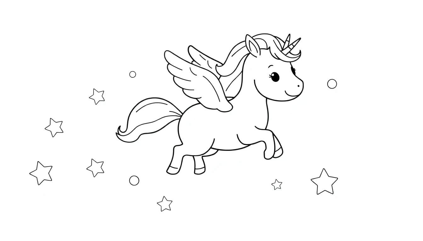 Placa de color de un unicornio alado caricaturesco volando entre estrellas y círculos.