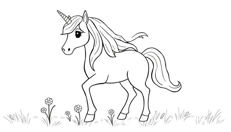 Placa de color de un unicornio de dibujos animados con melena larga, de pie en la hierba.