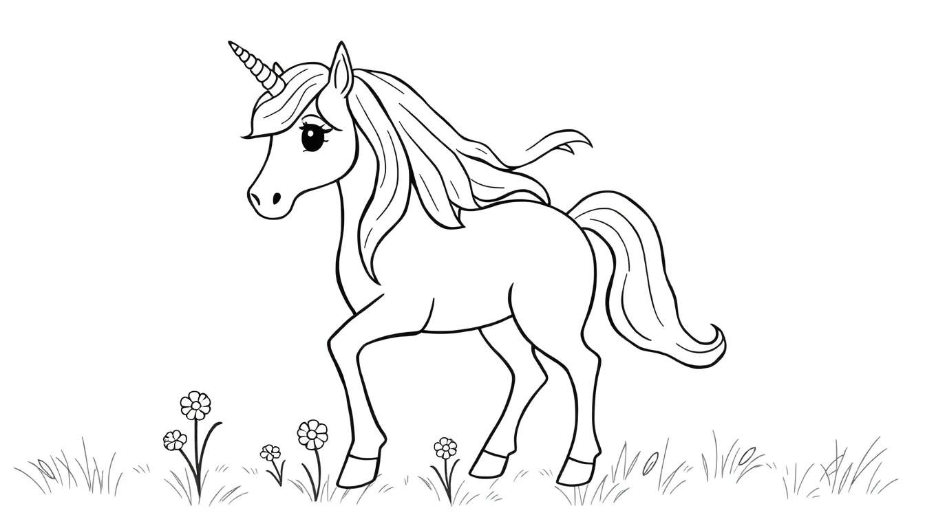 Placa de color de un unicornio de dibujos animados con melena larga, de pie en la hierba.