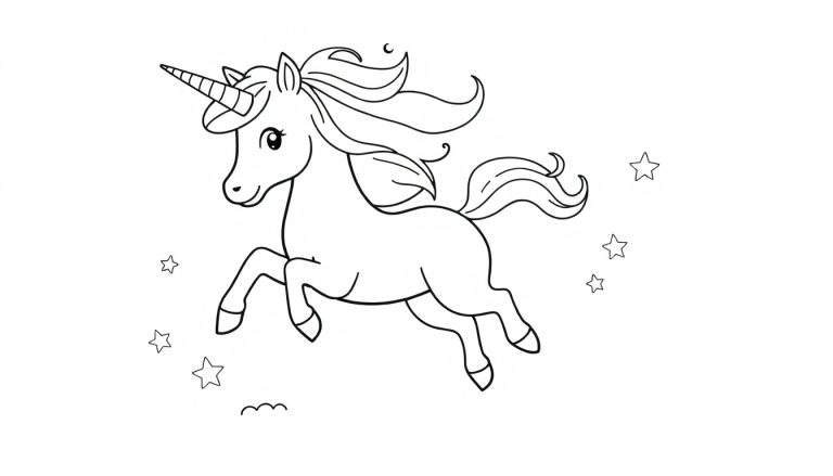 Placa de color de un unicornio corriendo con crin brillante y arcoíris.