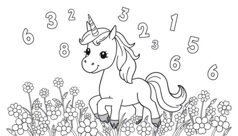 Placa de color para colorear de un unicornio con números y flores.