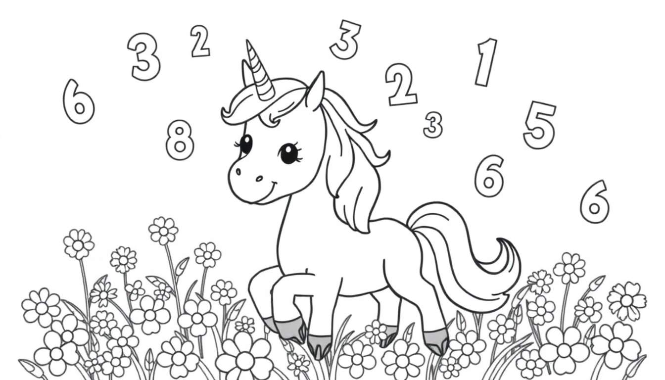 Placa de color para colorear de un unicornio con números y flores.