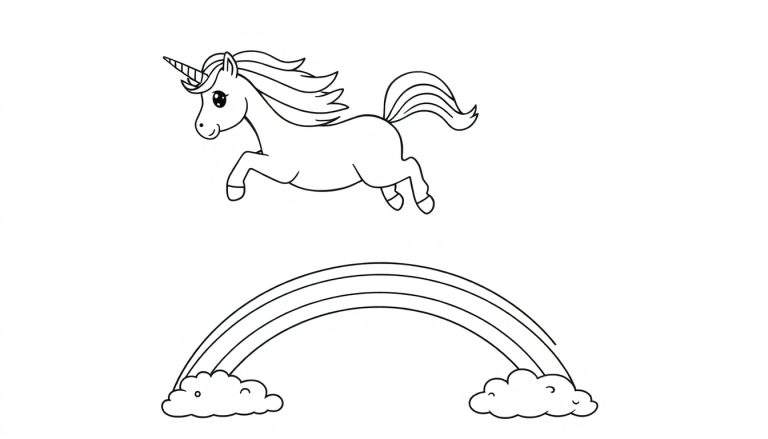 Placa de color de un unicornio saltando sobre un arcoíris.