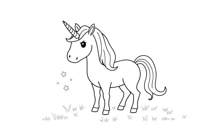 Página de colorear de unicornio con melena de arcoíris