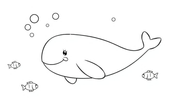 Placa de color de una ballena beluga sonriente nadando con peces y burbujas.