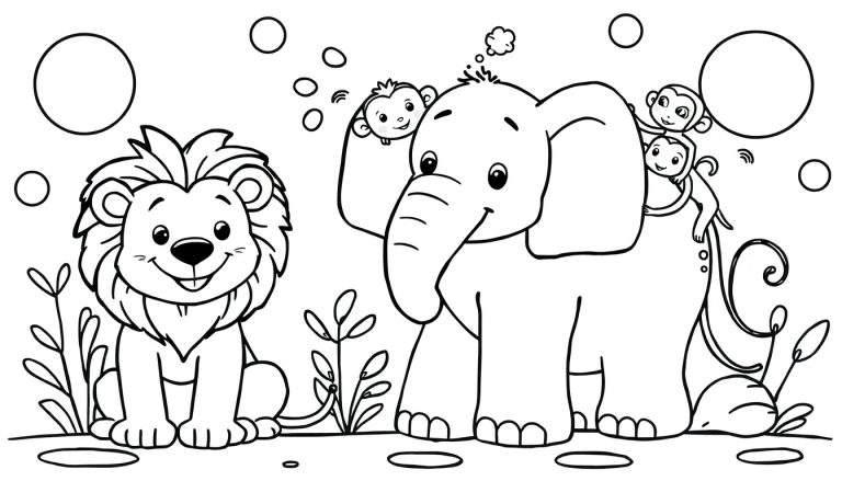 Placa de color con un león, un elefante y dos monos en la jungla.