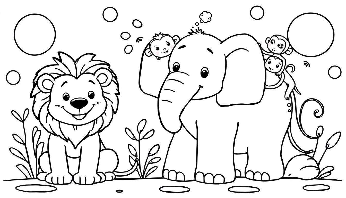 Placa de color con un león, un elefante y dos monos en la jungla.