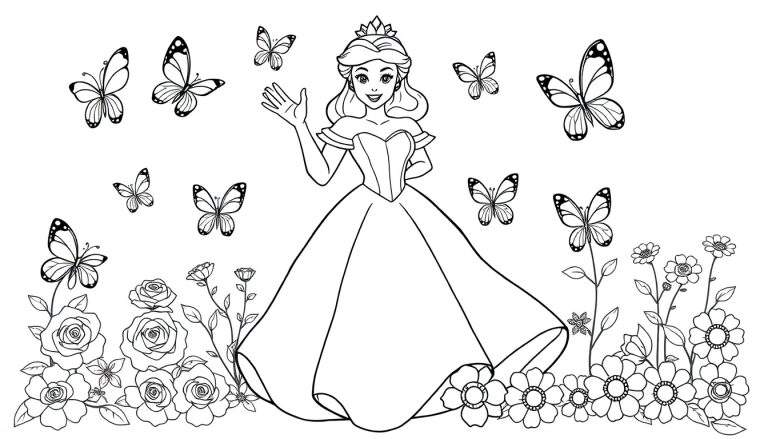 Placa de color de la Princesa Bella sonriendo y saludando rodeada de mariposas y flores.
