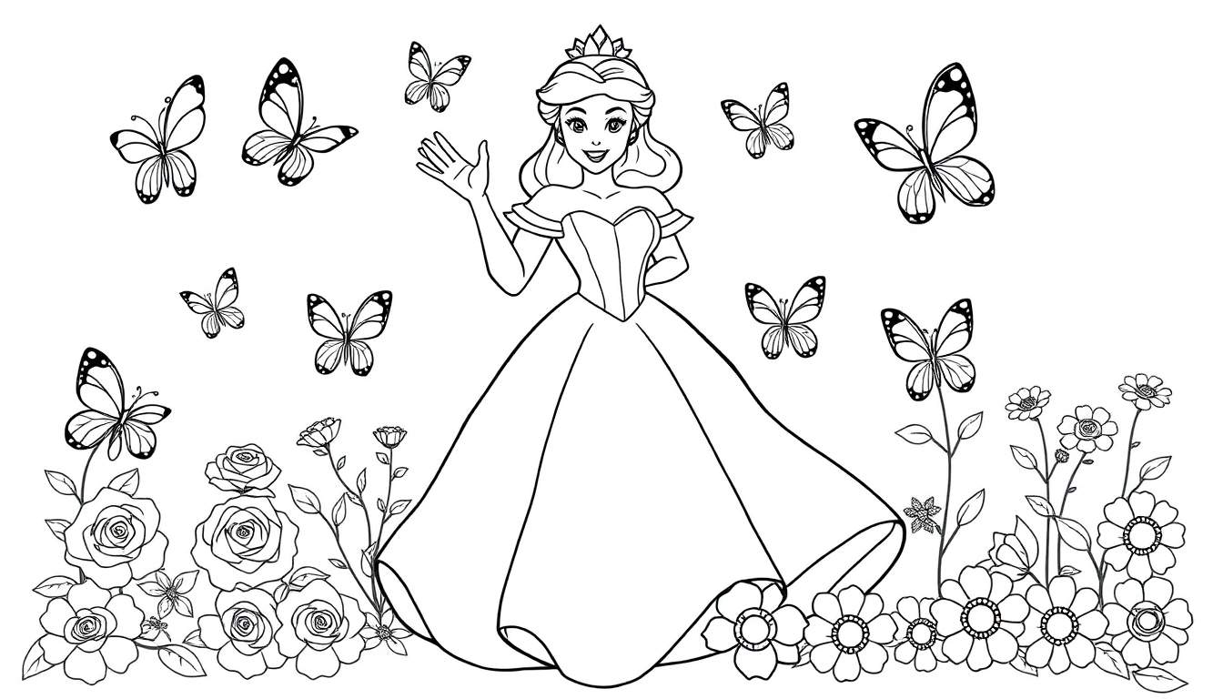 Placa de color de la Princesa Bella sonriendo y saludando rodeada de mariposas y flores.