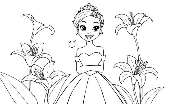 Placa de color de Tiana en un jardín de lirios.
