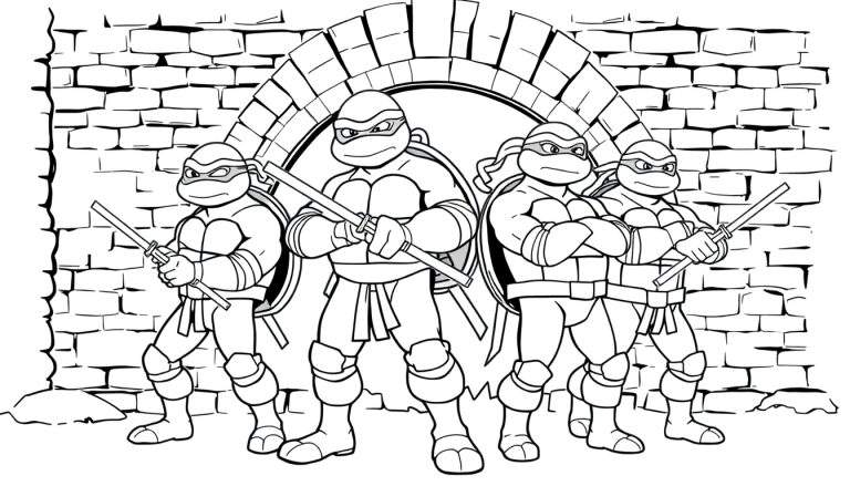 Placa de color de las Tortugas Ninja listas para la acción frente a un muro de ladrillos.