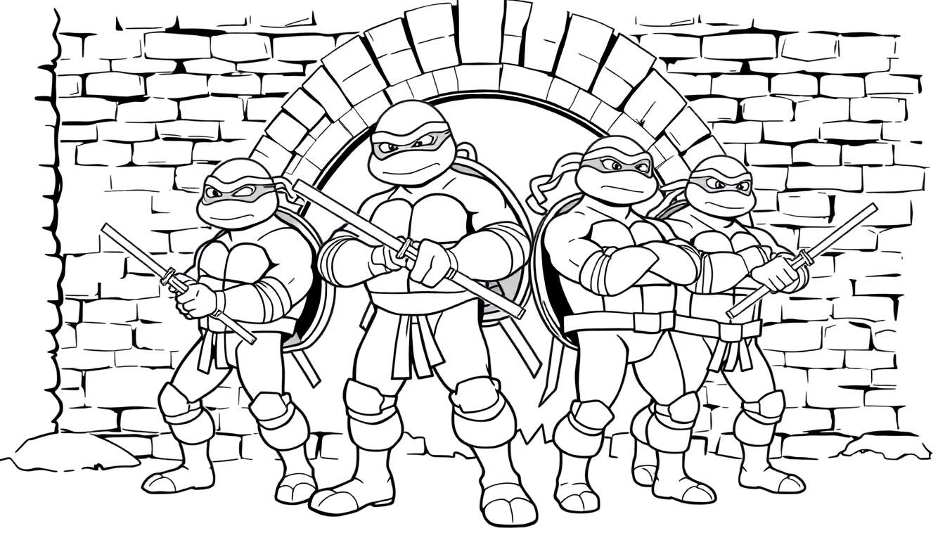 Placa de color de las Tortugas Ninja listas para la acción frente a un muro de ladrillos.