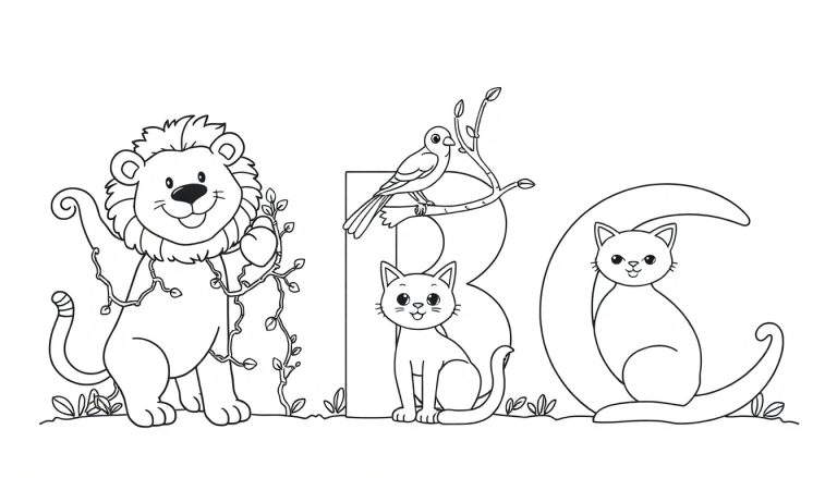 Placa de color del abecedario con animales: la A con un león, la B con un pájaro y un gato, y la C con otro gato, todos con estilo caricaturesco.