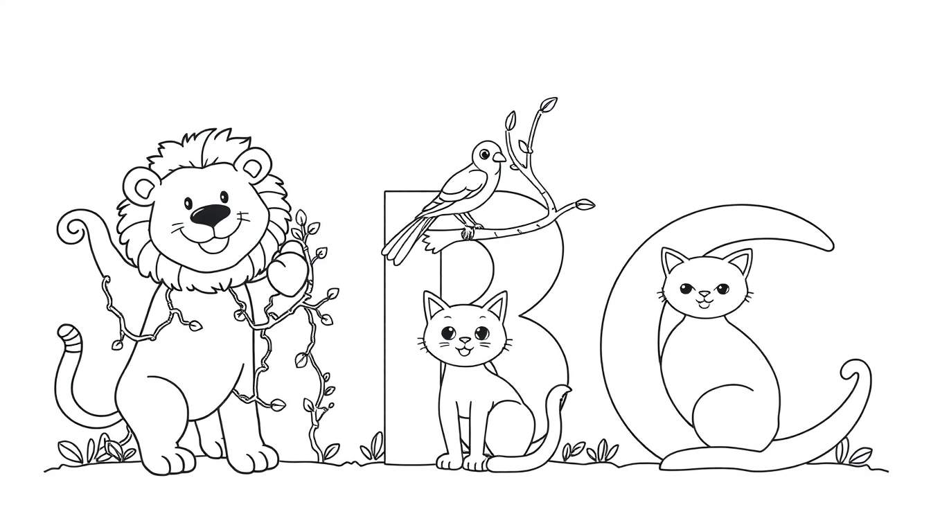 Placa de color del abecedario con animales: la A con un león, la B con un pájaro y un gato, y la C con otro gato, todos con estilo caricaturesco.