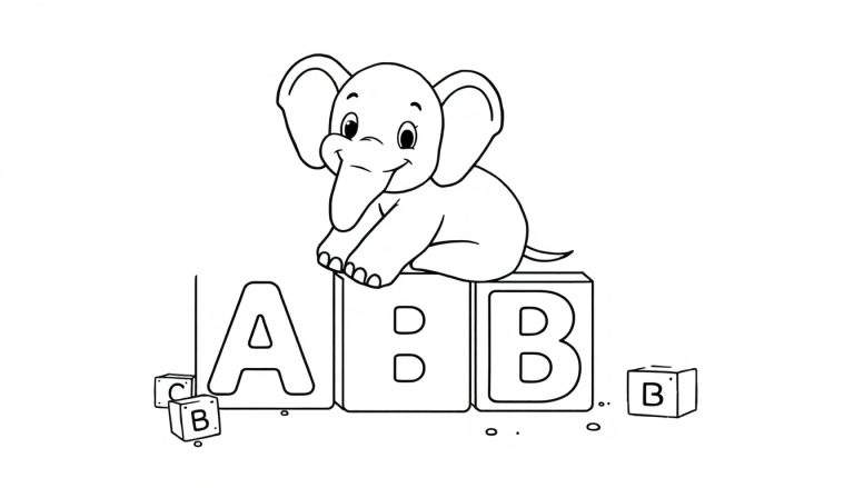 Elefante de dibujos animados aprendiendo la placa de color A, B, C.