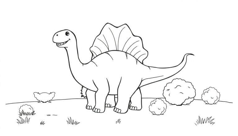 Placa de color de un dinosaurio amigable con vela dorsal.