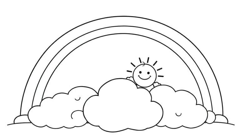 Página para colorear de un arcoíris con sol y nubes, lista para colorear con placa de color.