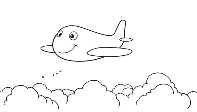 Una placa de color de un avión amigable volando sobre nubes.