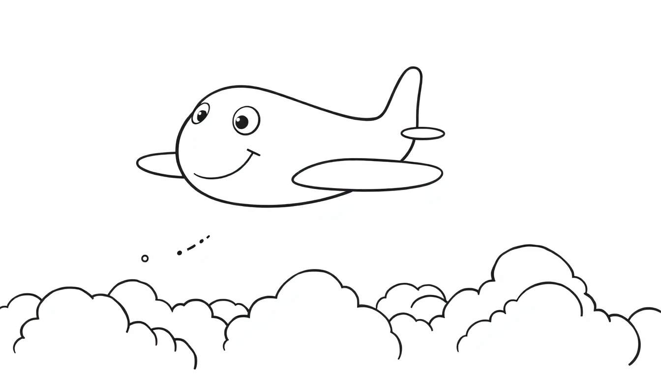 Una placa de color de un avión amigable volando sobre nubes.