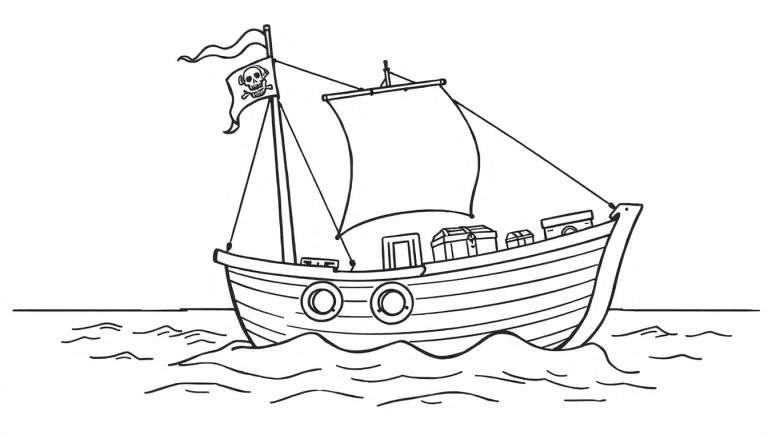 Placa de color de un barco pirata de dibujos animados listo para colorear.