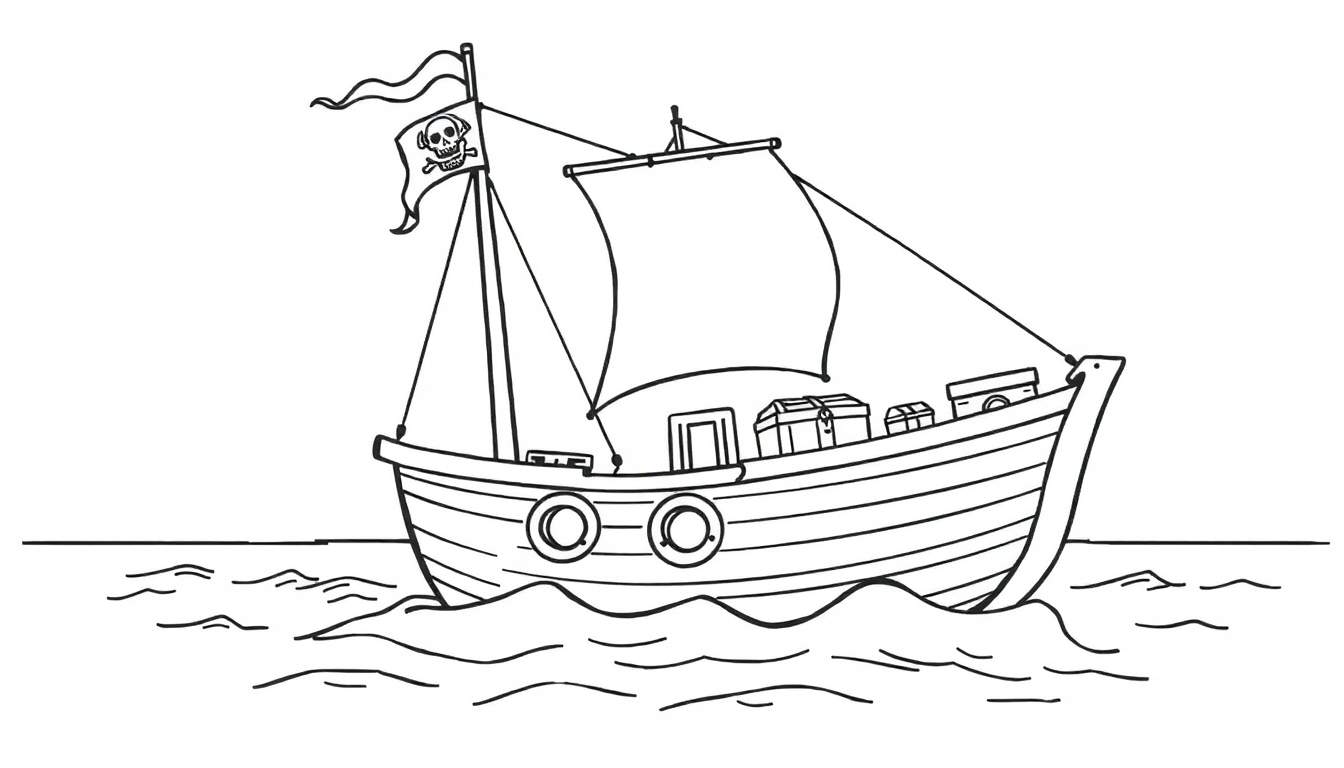 Placa de color de un barco pirata de dibujos animados listo para colorear.