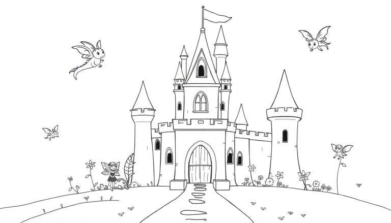 Placa de color de un castillo de fantasía con un dragón y un hada.