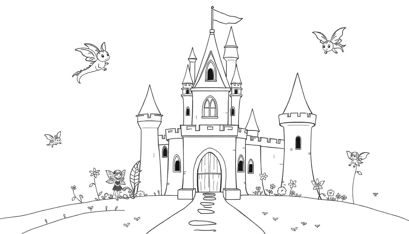 Placa de color de un castillo de fantasía con un dragón y un hada.