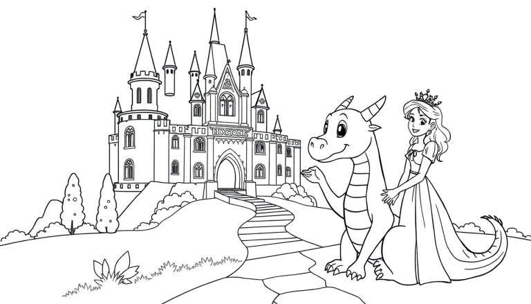 Placa de color de una princesa amigable con un dragón frente a un castillo.