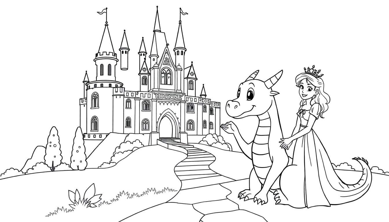 Placa de color de una princesa amigable con un dragón frente a un castillo.