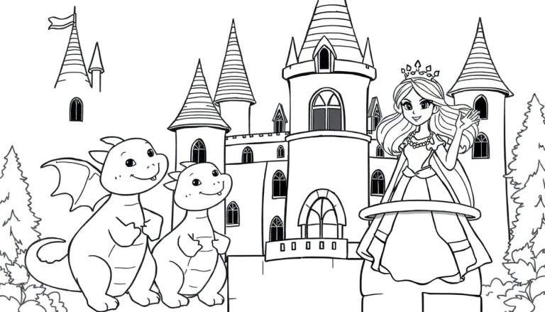 Placa de color: Princesa y dragones en un castillo.