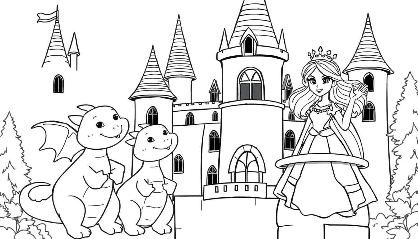 Placa de color: Princesa y dragones en un castillo.