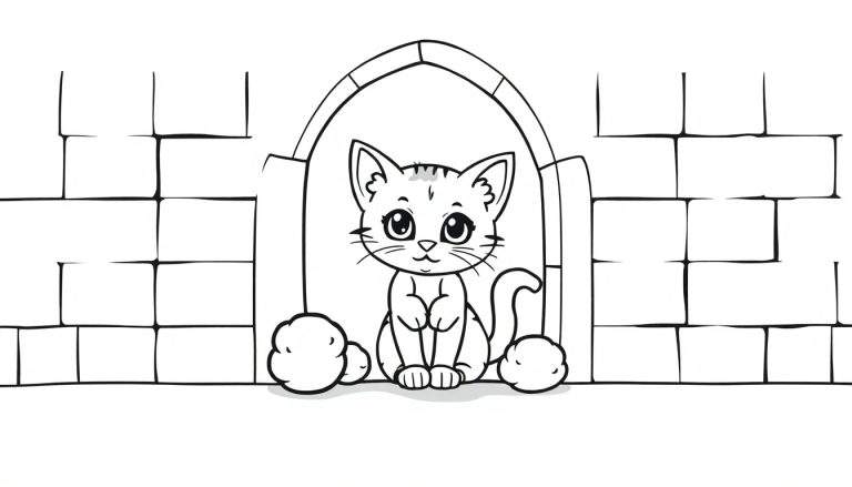 Un gatito juguetón sentado en un arco de castillo para colorear, listo para la placa de color.