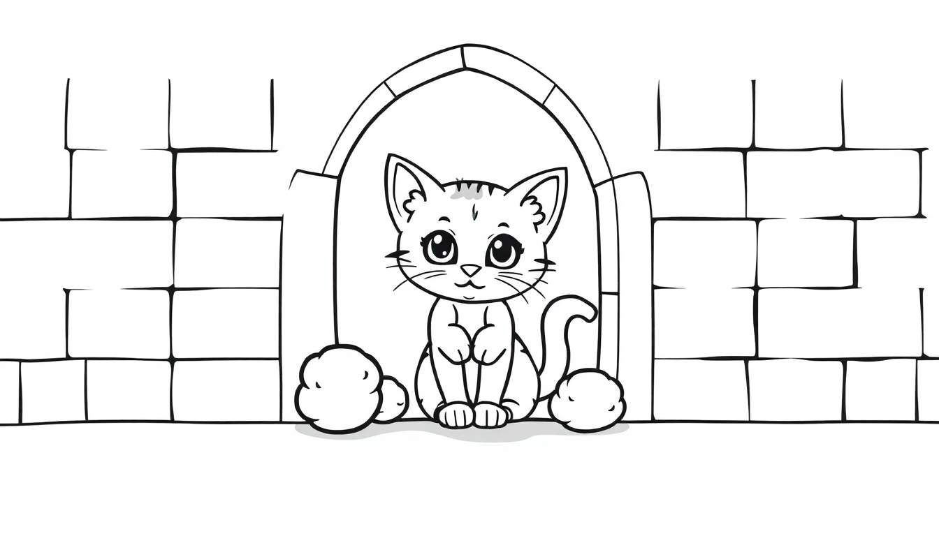 Un gatito juguetón sentado en un arco de castillo para colorear, listo para la placa de color.