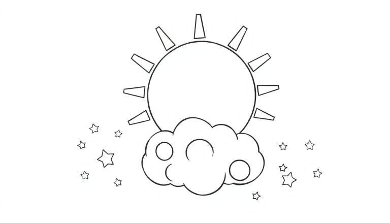 Placa de color: sol, nube y estrellas hechas de formas geométricas.