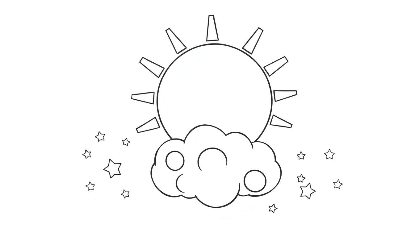 Placa de color: sol, nube y estrellas hechas de formas geométricas.