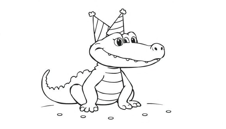 Un cocodrilo amigable de historieta en blanco y negro con sombreros de fiesta, listo para colorear.