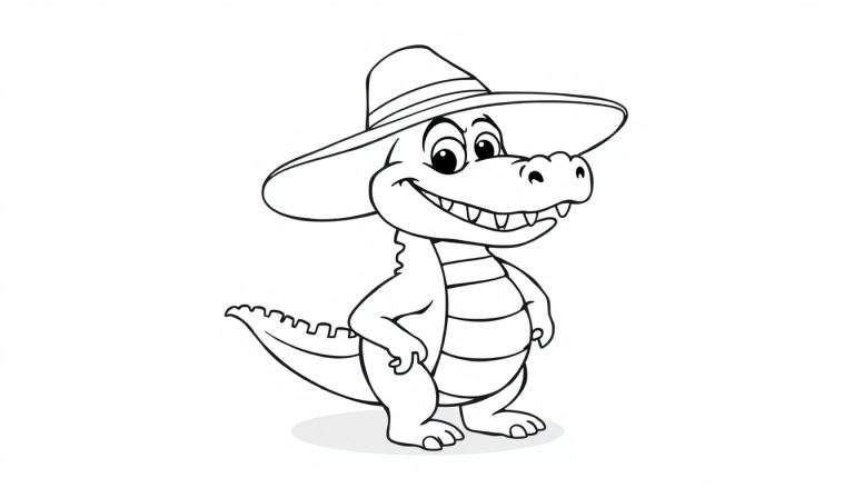 Placa de color: un cocodrilo sonriente con un gran sombrero