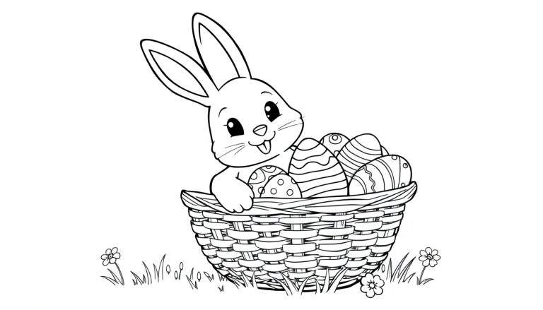 Una placa de color de un conejito de Pascua con una cesta de huevos.